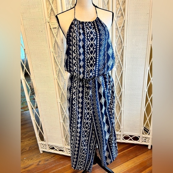 Lulu's Jumpsuit Sparrow Blue White Aztec Print Crop Length Halter Tie size Large - Picture 5 of 16